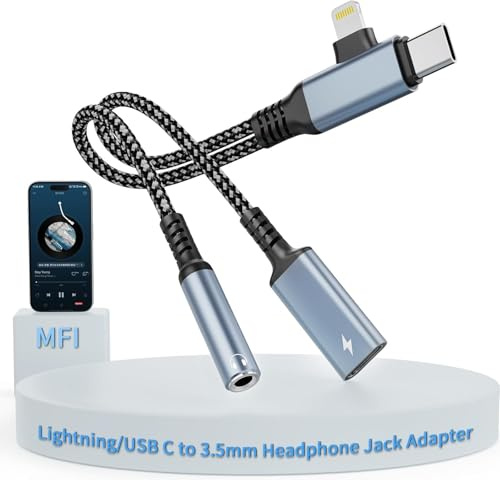 Lightning/USBC to 3.5mm AUX Audio and USBC Charger Splitter[MFi Certified] Lightning + USB C to 3.5mm Headphone Jack Adapter with PD 60W Fast Charging, iPhone Headphone Adapter for iPhone 16/15/14/13