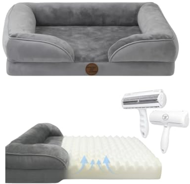 ZURMATRADE Orthopädisches Hundebett mit Memory Foam – Waschbar, rutschfest & bequem – Für große & kleine Hunde – Grau, Tierhaarentferner
