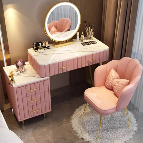 Sminkbord med spegel, toalettbord med 5 lådor, LED-lampor med justerbar ljusstyrka, sammetsskrivbord Modernt toalettbord med pall, 100 cm, rosa
