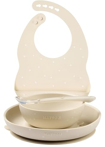 Nattou Stoviglie in Silicone per Bambini, 4 Pezzi, 1 Cucchiaio, 1 Ciotola con Coperchio, 1 Bicchiere, 1 Bavaglino, Senza BPA, Silicone, Motivo Color Argilla