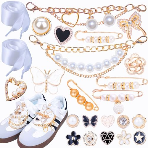 Rozecollin Shoes Charms for Sneakers,Pearl Shoe Lace Charms,Junk Socks Pins,Shoe Chains,Ribbon Shoe Laces/Bows/Clips,Stylish Decoration for Women Girls Clothes,Hats Party Favors