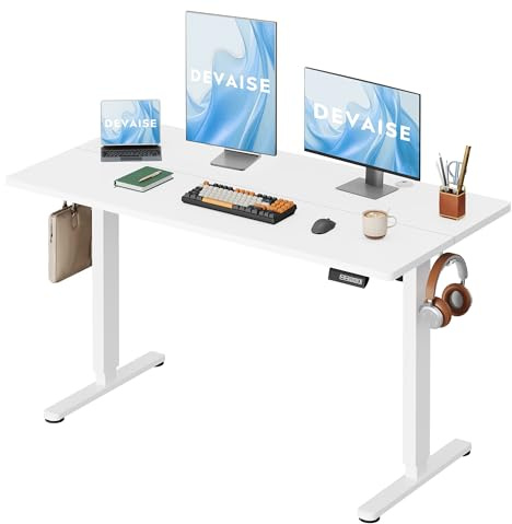 DEVAISE Bureau Assis-Debout Électrique 140 x 70cm, Moteur Silencieux avec 3 Mémoires, Table Ergonomique pour Télétravail et Bureau, Blanc