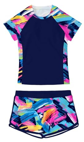 Générique Maillot de Bain pour Filles Tenue Estivale pour la Plage et la Piscine Ensemble à col Rond avec imprimé Floral Short Confortable pour Adolescentes (Blue, 9-10 Y)