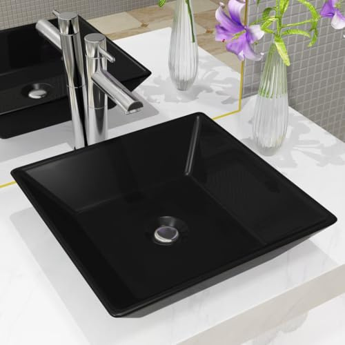 Lavabo Carré with Céramique Émaillée, Design Élégant, Lavabo Salle de Bain, Vasque à Poser Salle de Bain, Meuble Vasque Salle de Bain, Noir, 41.5 x 41.5 x 12 cm