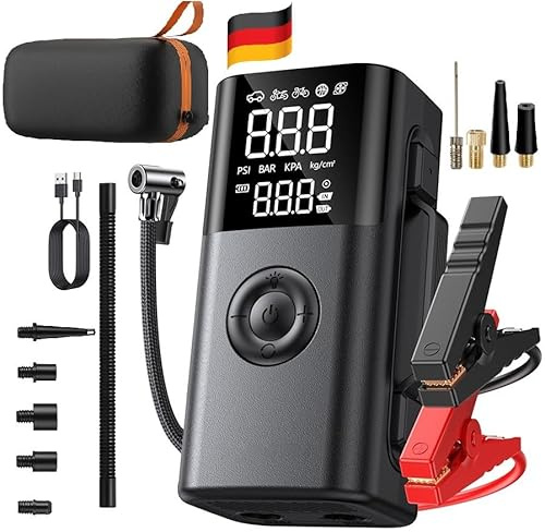 Aide au démarrage tout-en-un avec pompe à air et batterie externe – Gonfleur de pneu 150 PSI Compresseur 12 V avec batterie de 6000 mAh, affichage numérique, lumière d'urgence LED, gonflage rapide