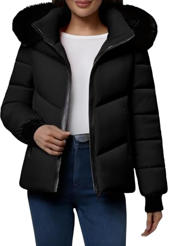 Abrigo corto de invierno para mujer, chaqueta acolchada con capucha mullida, cremallera completa, acolchada y desmontable, ajuste delgado, resistente al viento, chaqueta aislante gruesa, elegante