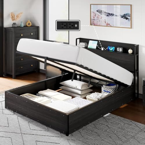 LUXOAK Letto Contenitore con Sollevamento 140 x 200 cm, Spazio Contenitore e Stazione di Ricarica, Nessun Box Spring Necessario, Silenzioso, Nero, Senza materasso