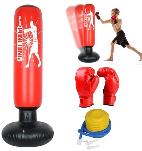 Boxningssäck, Karate-lådor för barn, 3–12 år, 160 cm stående boxningspåse, uppblåsbar med boxningshandskar luftpump, presenter för pojkar och flickor, övning av Karate Taekwondo MMA (röd stående