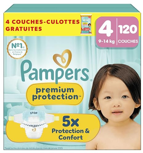 Pampers Premium Protection Couches Taille 4 x120 + 4 Couches-Culottes | 9kg-14kg. Notre N°1 Pour La Protection De La Peau Et Contre Les Fuites + 4 Couches-Culottes Pampers Pants Offertes.