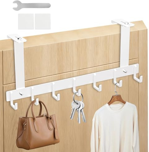 Extra lange Türhaken aus Aluminium für hohe Türen, verstellbarer Tür-Organizer für verschiedene Türstärken, stabiler Metall-Türhänger für Badezimmer, Schlafzimmer (weiß, kurze 7 Haken)
