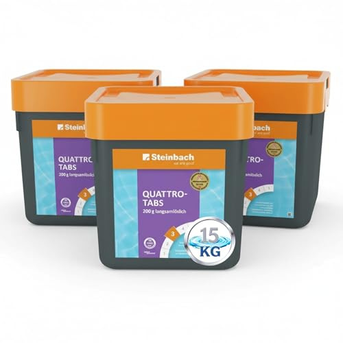 Steinbach Poolpflege Quattrotabs 200 g langsamlöslich - XXL Vorratspackung - 15 kg - 4-in-1 Chlortabletten mit Flockungsmittel - pH-Stabilisator & Algenverhütung - Multifunktionstabletten