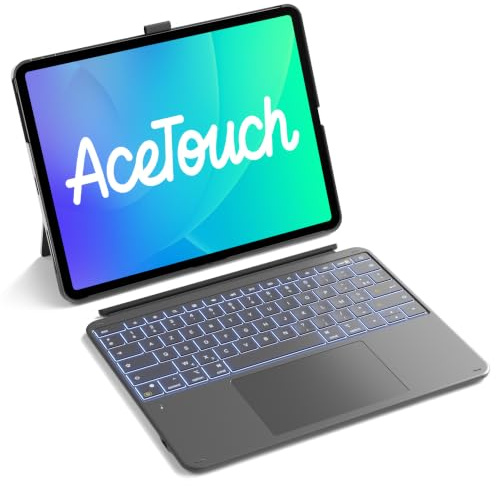 Inateck Coque Clavier iPad Air 13, Pavé Tactile Géant Haute Précision | iPad Pro 12.9, magnétique détachable, portrait/paysage, rétroéclairé 7 couleurs, porte-stylet caché, AceTouch, Gris