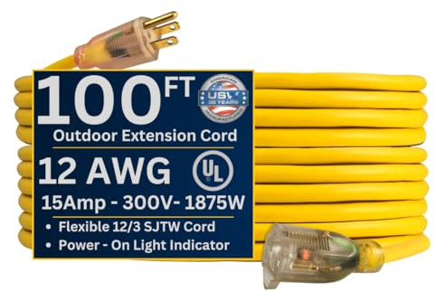US Wire and Cable 12/3 Gauge x 100-Foot Lighted Heavy Duty General Purpose Extension Cord – 12/3 Gauge, Yellow, Kink-Resistant, Heavy Duty, Power Indicator Light, SJTW, Made in USA