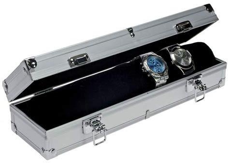 SAFE 255 Boîte de rangement en aluminium pour 7 montres | avec rouleau de velours noir comme porte-montre | couvercle transparent | 330 x 75 x 90 mm