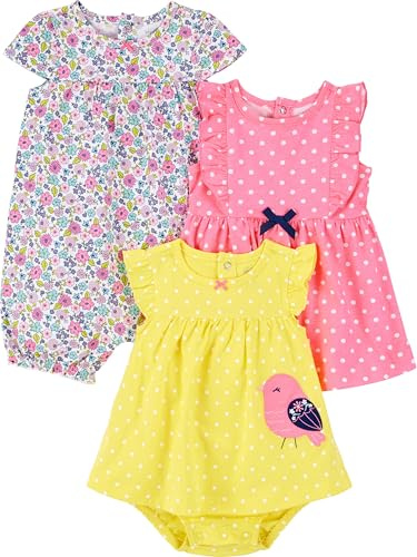 Simple Joys by Carter's Baby 3-pack Romper, Sunsuit and Dress, pink dot/floral/yellow bird, 12 Months