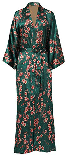 BABEYOND Kimono Long en Satin Robe de Chambre Longue pour Femme Peignoir Long Satin avec Motif Fleurs Taille Unique Vert foncé