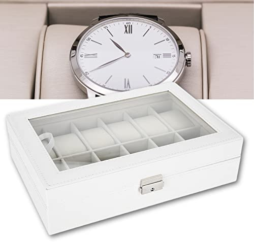 Uhrenbox mit 12 Fächern, 12 Slots Mens Uhren Organizer, Uhrenkoffer mit Herausnehmbaren Uhrenkissen Uhrengehäuse Armband Tablett mit Glasplatte Watch Box Uhrenkasten