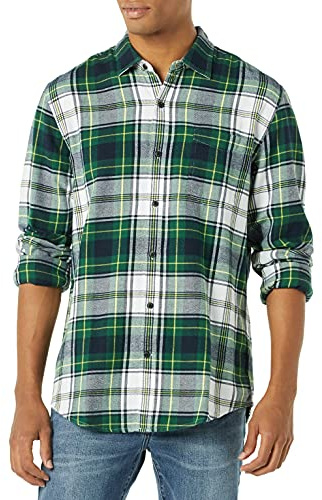 Amazon Essentials Men's Regular-Fit Long-Sleeve Flannel Shirt (Available in Big & Tall), Green White Plaid, X-Large