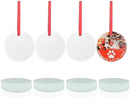 PYD Life 24 Stück Sublimations-Ornamente, Rohlinge, Glas, 7,6 cm, rund, Ornament mit rotem Band für DIY, Basteln, personalisierte Heimdekoration, Großpackung