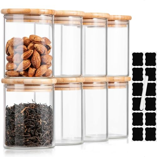 JUVEL 8pcs Tarros de Vidrio de Almacenamiento Botes de Cristal con Tapa de Anillo de Silicona Hermético Transparente Cocina Recipientes para Alimentos para Almacenaje y Conservar Alimentos