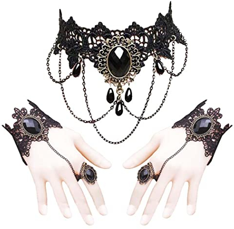 Borsgye Gothic Choker Halskette Armbänder Schmuck Schwarz Spitze Halsband Vampir Armband Lace Collier Kette Fingerlose Handschuhe Victorian Steampunk Vintage Halsband für Halloween Ostern - Stil 4