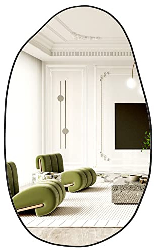 NEUWEABY Unregelmäßiger Wandspiegel, Asymmetrischer Spiegel, Groß Einzigartiger Kosmetikspiegel, Schwarz Badezimmer Wandspiegel, 85x 52 cm moderner geformter Ankleidespiegel für Wohnzimmer