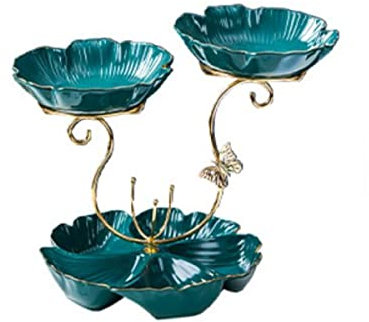 JUNYFFF Frutero De 3 Pisos, Cesta De Frutas De Cerámica, Fruteros De Cocina, 3 Niveles con Forma De Hoja De Loto, Canasta De Frutas para Encimera, Soporte para Cuenco Decorativo,Verde