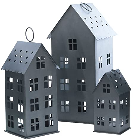 Spetebo Laterne MALMÖ 3er Set 43/31 / 20 cm zum Hängen - dunkelgrau - Metall Windlicht in Haus Form mit Herzen - Deko Kerzen Halter Ständer Lampion für Außen und Innen