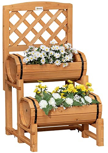 Outsunny Arriate de Jardín con Enrejado Tipo Barril con 2 Macetas Macetero con Soporte para Trepadora Cultivos Plantas Flores para Patio Terraza Balcón 45x45x80 cm Natural