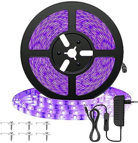 Striscia LED UV da 5 m, con alimentatore, nastro flessibile da 12 V, 300 LED, autoadesivo, 2835, striscia luminosa per feste, bar, colori al neon, club, discoteca, decorazione
