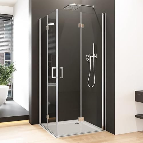 Duschkabine Eckeinstieg 70x70cm Falttür Duschabtrennung, Eckeinstieg Dusche mit Doppel Falttür Duschwand aus 6mm NANO Sicherheitsglas, Glas Leichte Reinigung, Komplettdusche 70x70x195cm