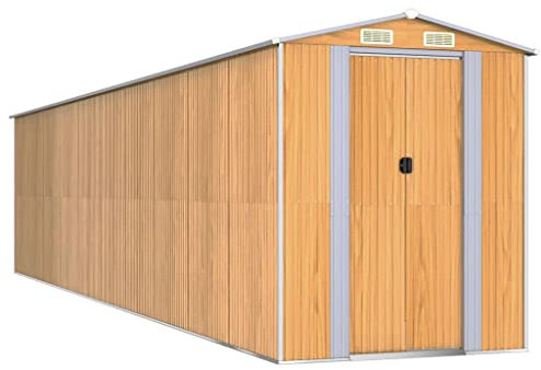 vidaXL Garden Shed Galvanised Steel - Light Brown Outdoor Tool Storage House with Ventilated Design and Double Sliding Doors, Durable and Weather-.