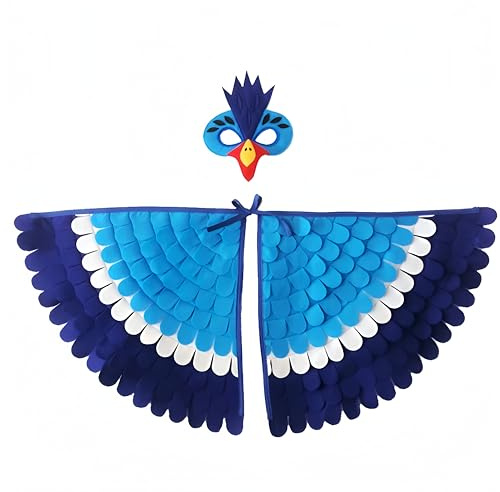Proumhang 2 piezas de disfraz de alas de pájaro para niños de 3 a 8 años,disfraz de búho de pájaro y pavo real,máscara de ojo de fieltro para niños y niñas y conjunto de alas,Halloween