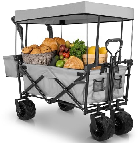 Bollerwagen faltbar mit Dach, 262L Handwagen mit großer Kapazität, Gartenwagen klappbar, bis 113 kg, Strandwagen Transportwagen mit Offroad-Räder, mit Getränkehaltern und Teleskopstange, Grau