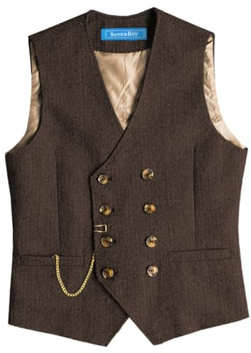 SevenBoy Men's Tweed Dress Vest Double Breasted Wool Suit Vest Vintage Waistcoat For Wedding(Coffee,L)