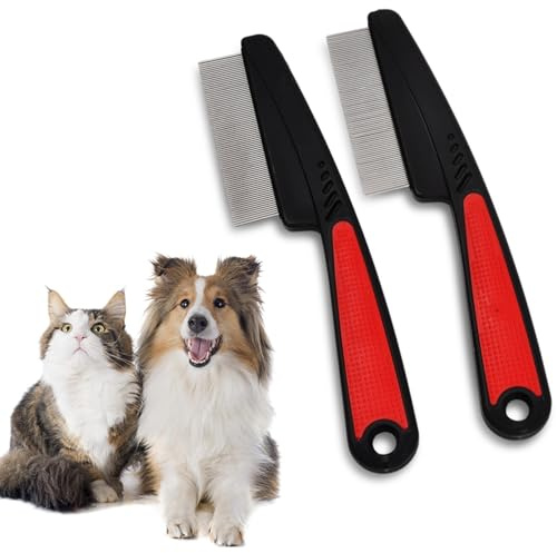 2 PCS Peignes Anti-Puces pour Chats/Chiens, Peignes à Poux pour Animaux de Compagnie, Peigne de Toilettage à Dents Fine, Peigne à Poils d'animaux Professionnel, Peigne à Lentes en Acier Inoxydable