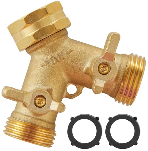 Garden Hose Splitter 2 Way Heavy Duty, Outdoor Faucet Splitter | Solid Brass Spigot Splitter Hose Y Splitter with Shutoff Valve