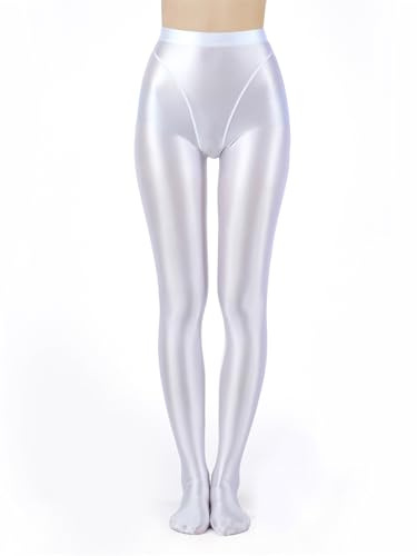 Yhong Dam ogenomskinliga glänsande strumpbyxor wetlook strumpbyxor elastisk midja, fina tights push up shaping pants, balett, dans, yogaleggings, Vit, L