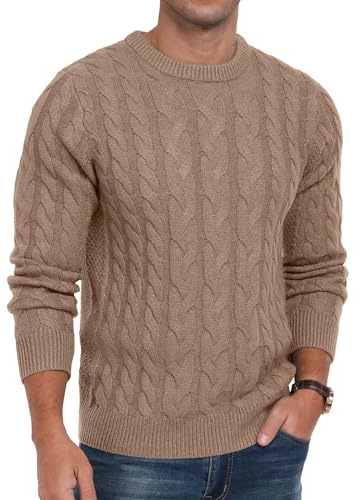 QIXING Men's Cable Knit Jumper Crew Neck Casual Long Sleeve Chunky Knit Sweater with Ribbing Edge(C Khaki, M)