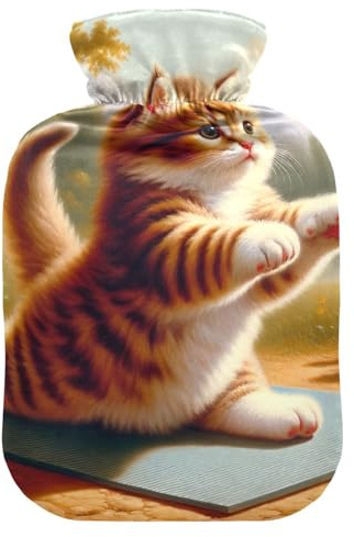 Wärmflasche mit süßem Kätzchen, Katze, Yoga, Wärme- oder Kaltwasserflasche mit weichem Bezug, Wärmbeutel für heiße und kalte Kompresse, 1 Liter