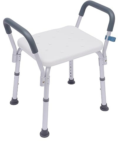 Duschstuhl für Senioren Duschstuhl mit Armlehnen und Rückenlehne aus Aluminium Belastbar bis 150kg mit Rutschfesten Fußpolstern, Badestuhl,HöheEinstellbare 37-49cm