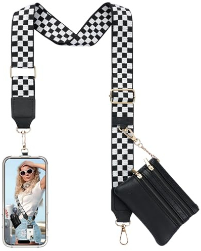 TiMOVO Clip and Go Phone Strap Crossbody with Leather Wallet, Adjustable Anti-Theft Phone Lanyard with Zippered Pouch, Universal Cell Phone Neck Lanyard for All Phone Cases, Checkered Black & White
