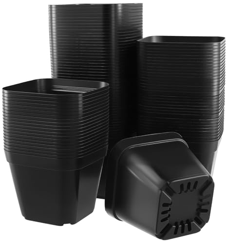 MOUYAT 100 PCS Square Plant Pots, 10cm Plastic Flower Pots, Small Succulent Nursery Pots with Drainage Holes for Seedlings, Cuttings, Transplanting, Black, 10 x 7 x 8cm