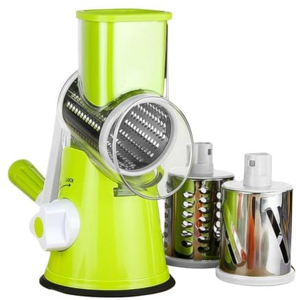 DVATLAEM Maison cult maisoncult RotoChef - Manual Vegetable Mandolin Cutter Multifunctional with 3 Detachable Drum Blades for Potatoes, Carrots, Cheese, Strong Suction