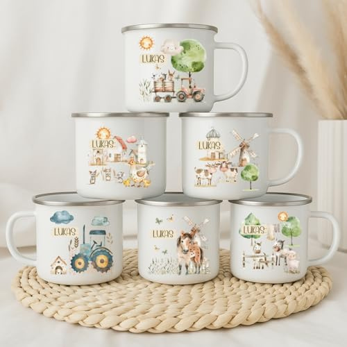 wolga-kreativ Emaille Tasse Bauernhof personalisiert mit Namen - Robuste Kinder Tassen, BPA-frei, Spülmaschinenfest Kinder Becher - Personalisierte Geschenke Baby Zur Taufe, Geburt, Weihnachten