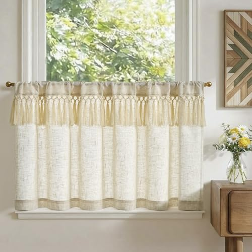 TOPICK Köksgardin liten kort gardin, ljusfiltrerande fransdesign, naturlig 125B x 60H (cm) 1 st med stångficka, för fönster, garderob, under diskbänk, sovrum