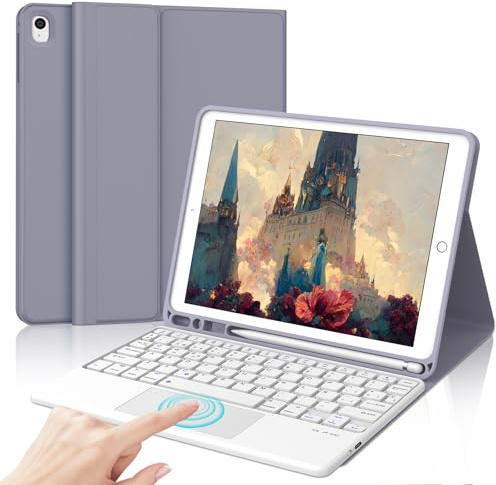 Funda Teclado for iPad 9/8/7 generacion 10.2/Air 3/Pro 10.5 Pulgadas | Capa Keyboard Touchpad QWERTY Español Ñ, Bluetooth Magnético Desmontable Recargable Teclado con Portalápices, Violeta gris