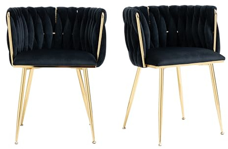 Esszimerstühle Samt 2er Set, Küchenstühle mit Goldenen Beinen und Armlehne, Polsterstuhl, Sessel mit handgewebten, Schminktisch stuhl, für Esszimmer, Küchen, Wohnzimmer, Schlafzimmer, Schwarz