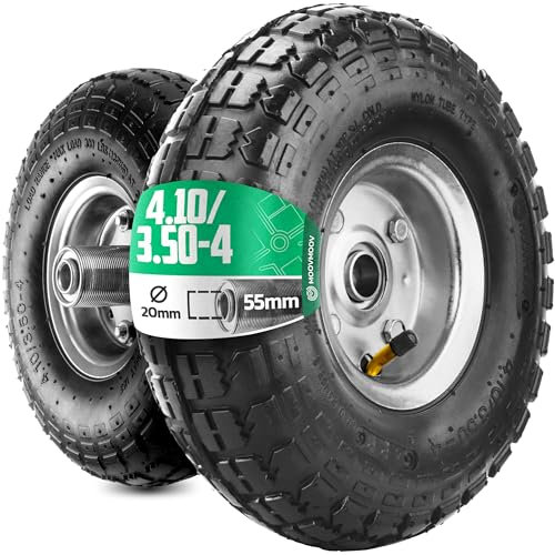 MOOVMOOV Inflatable Wheel 4.10/3.50-4 (x2) 55mm Offset Hub, 20mm Bore - For Sack Trucks, Trolleys, Wheelbarrows, etc., Tyre + Inner Tube + Angled Valve + Steel Rim