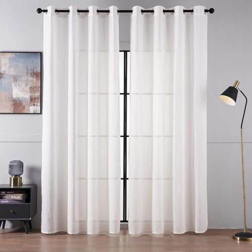 Topfinel Gardinen Wohnzimmer 140x250cm 2er Set Modern Voile Vorhänge mit Ösen Vorhang Schlafzimmer Halbtransparent mit Vertikalem Streifenmuster Weiß